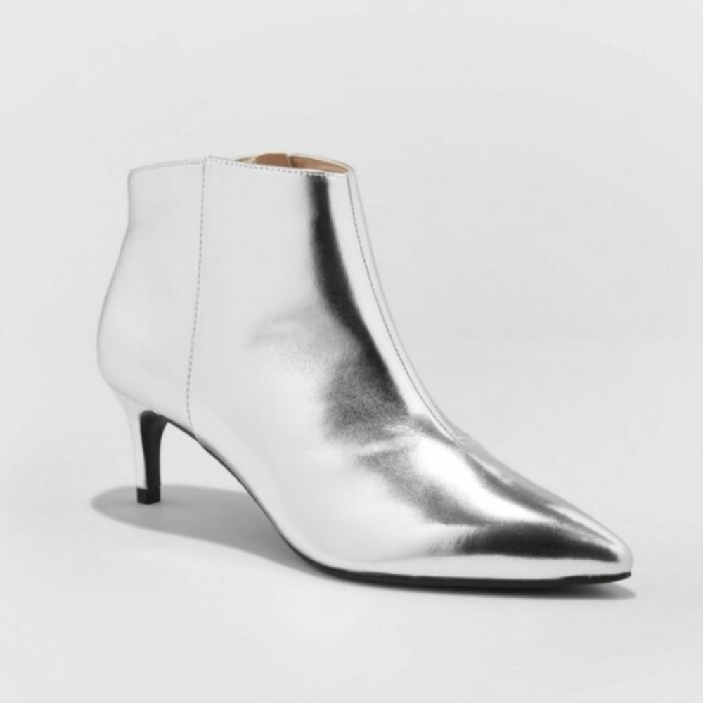 Dominique Women’s Silver Pointed Kitten Heel  Ankle Bootie